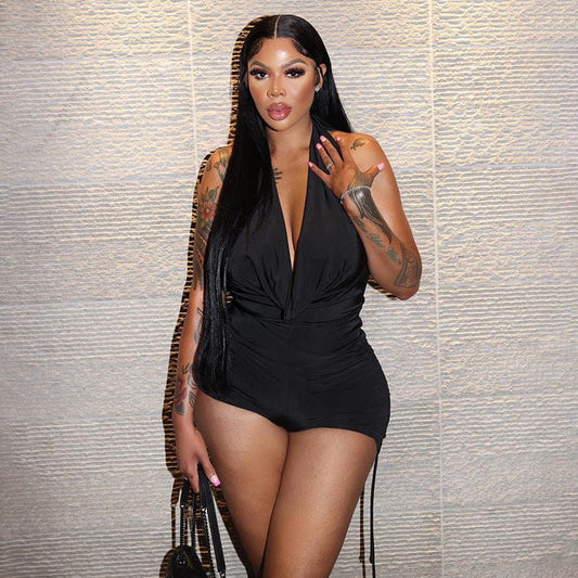 Sleeveless Sexy Halter Deep V Drawstring Casual Short Jumpsuit Women