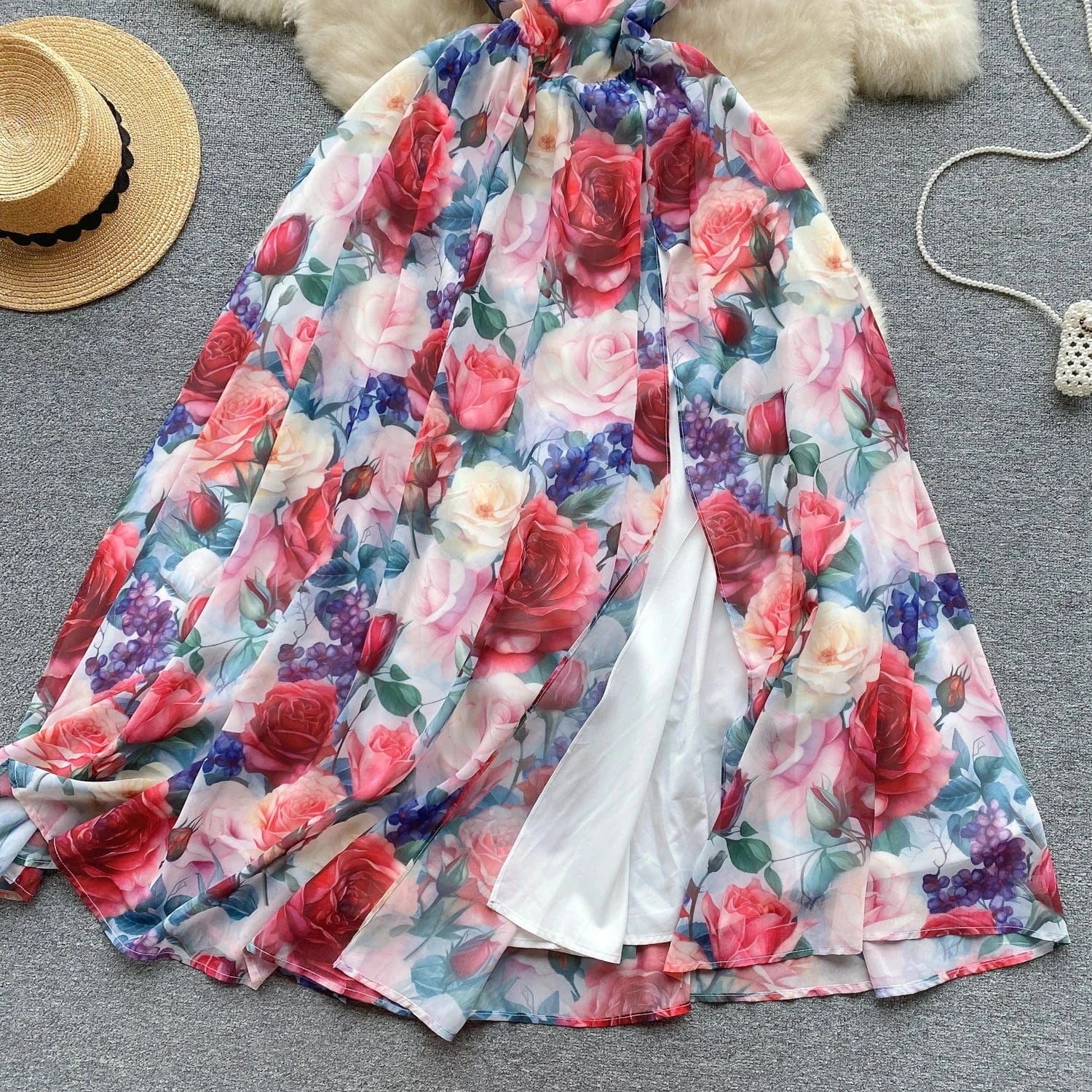 Sleeveless V-neck Print A-line Dress Summer Asymmetric Chiffon Maxi Dress Ladies Casual Dress Clothes Women Wholesale