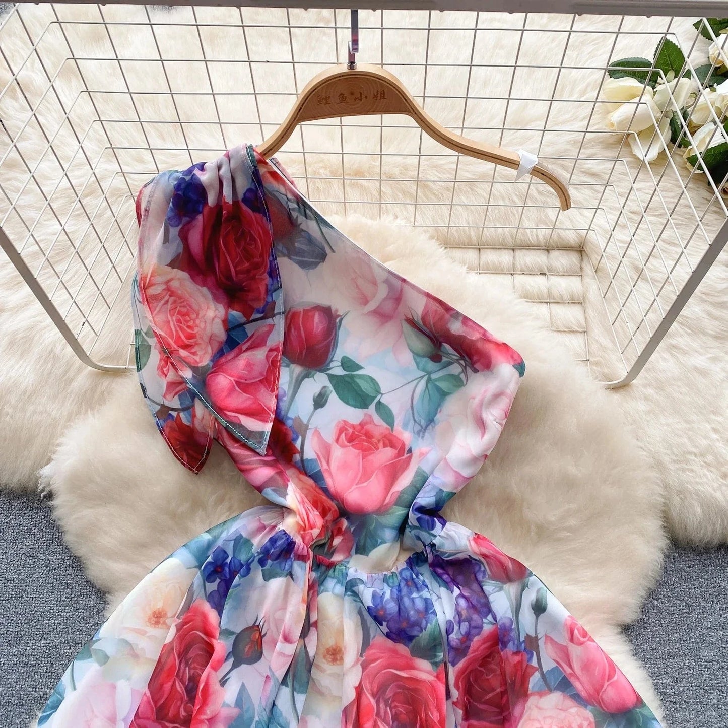 Sleeveless V-neck Print A-line Dress Summer Asymmetric Chiffon Maxi Dress Ladies Casual Dress Clothes Women Wholesale