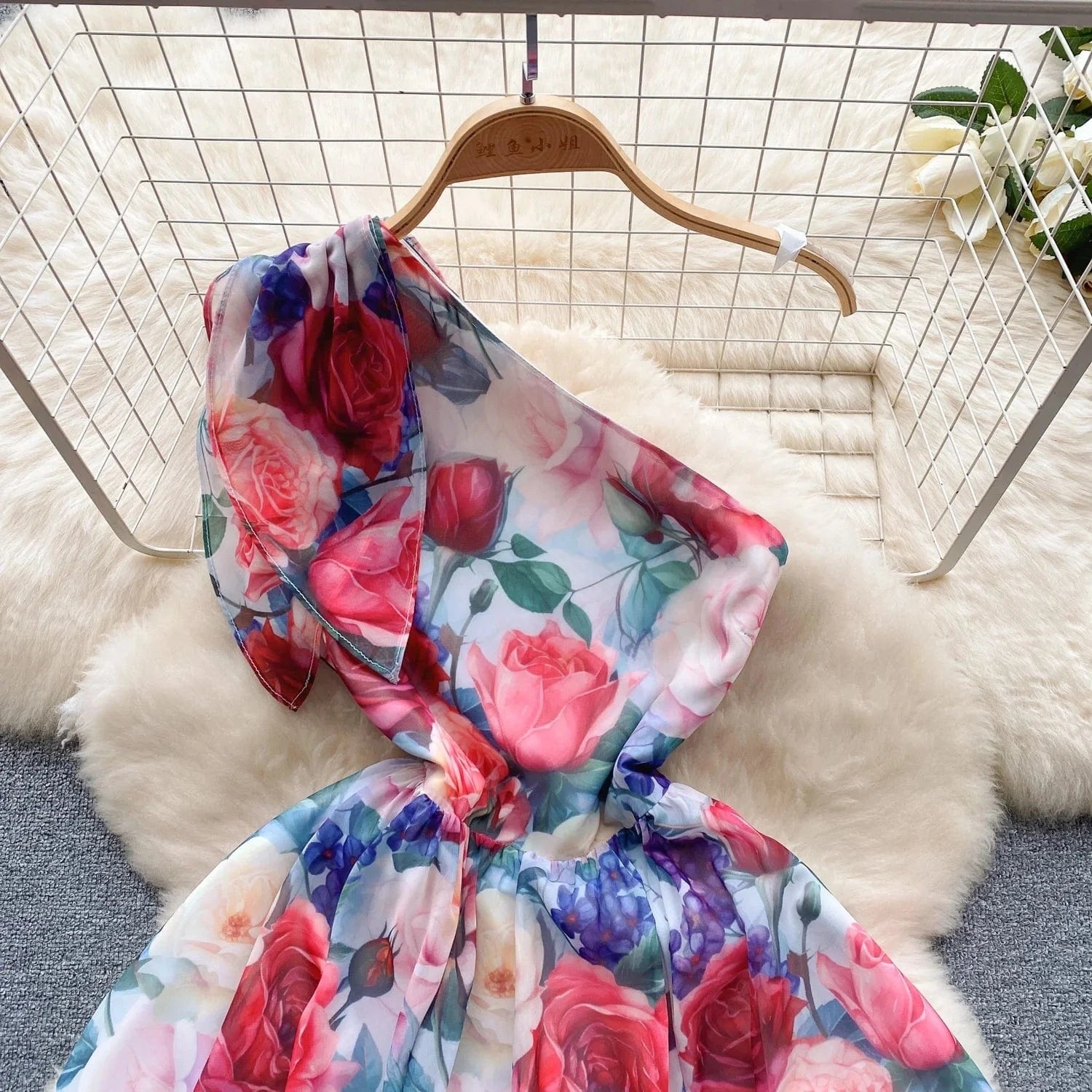 Sleeveless V-neck Print A-line Dress Summer Asymmetric Chiffon Maxi Dress Ladies Casual Dress Clothes Women Wholesale