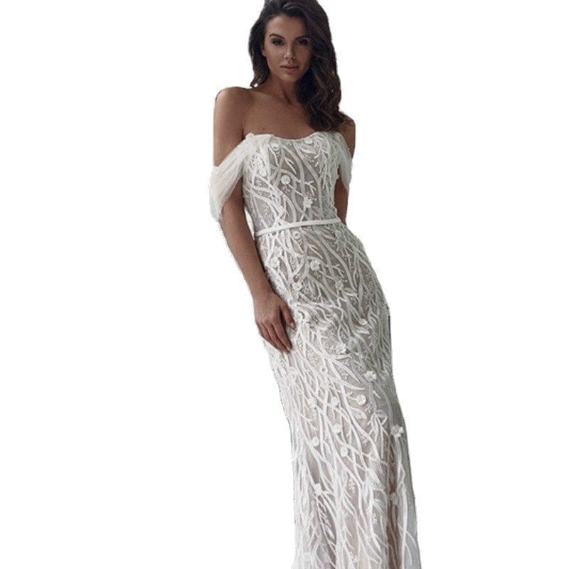 Slim boat neck autumn winter women holiday skirt Mermaid sexy halter strap lace flower dress drop shipping fulfill