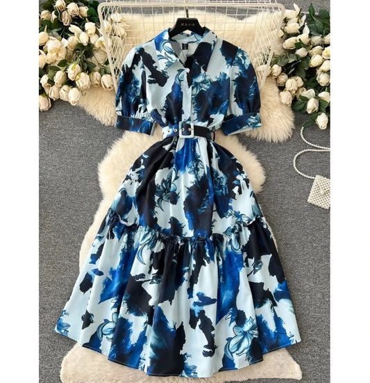 Slim Fitting Medium Length Short Sleeved Waist Closure Printed Shirt Single Breasted Dress With Belt