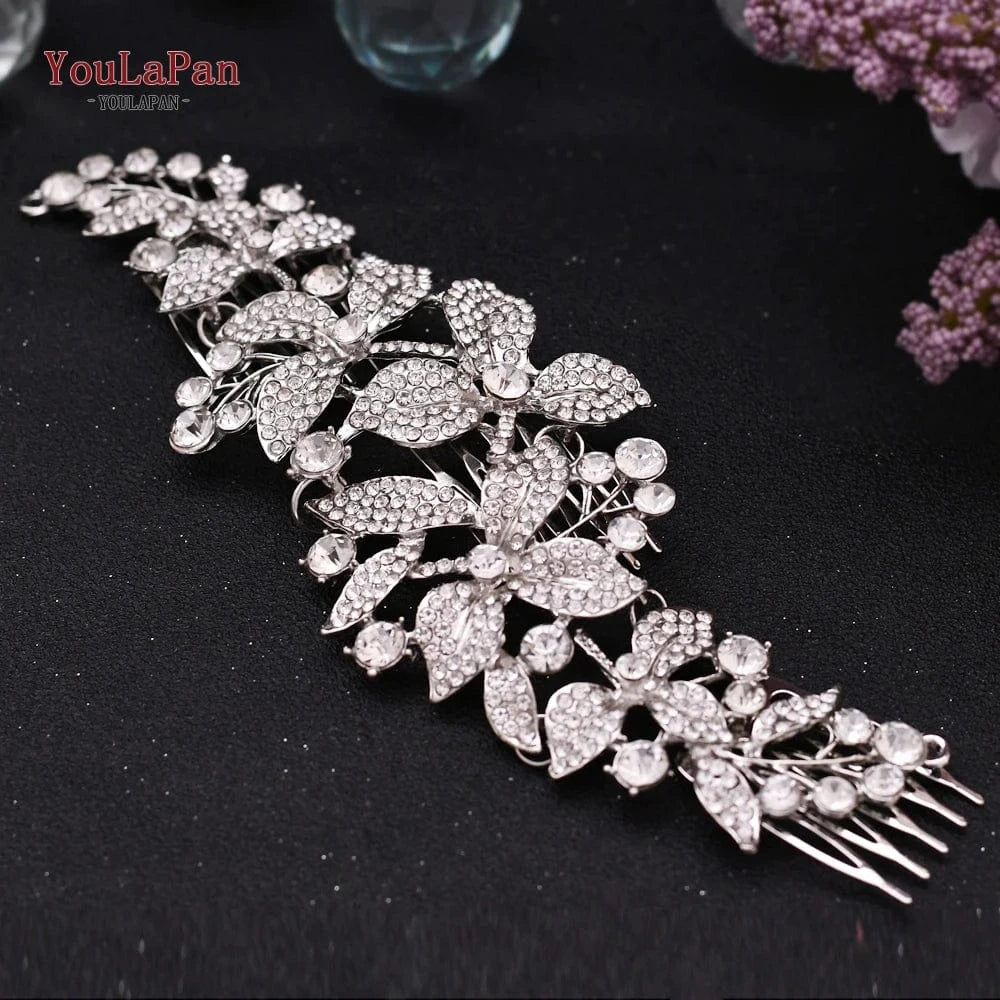 Sliver YouLaPan HP301 Multicolor Alloy Flower Hair Comb Party Hair Accessories Shiny Rhinestone Silver Gold Bridal Hairpiece