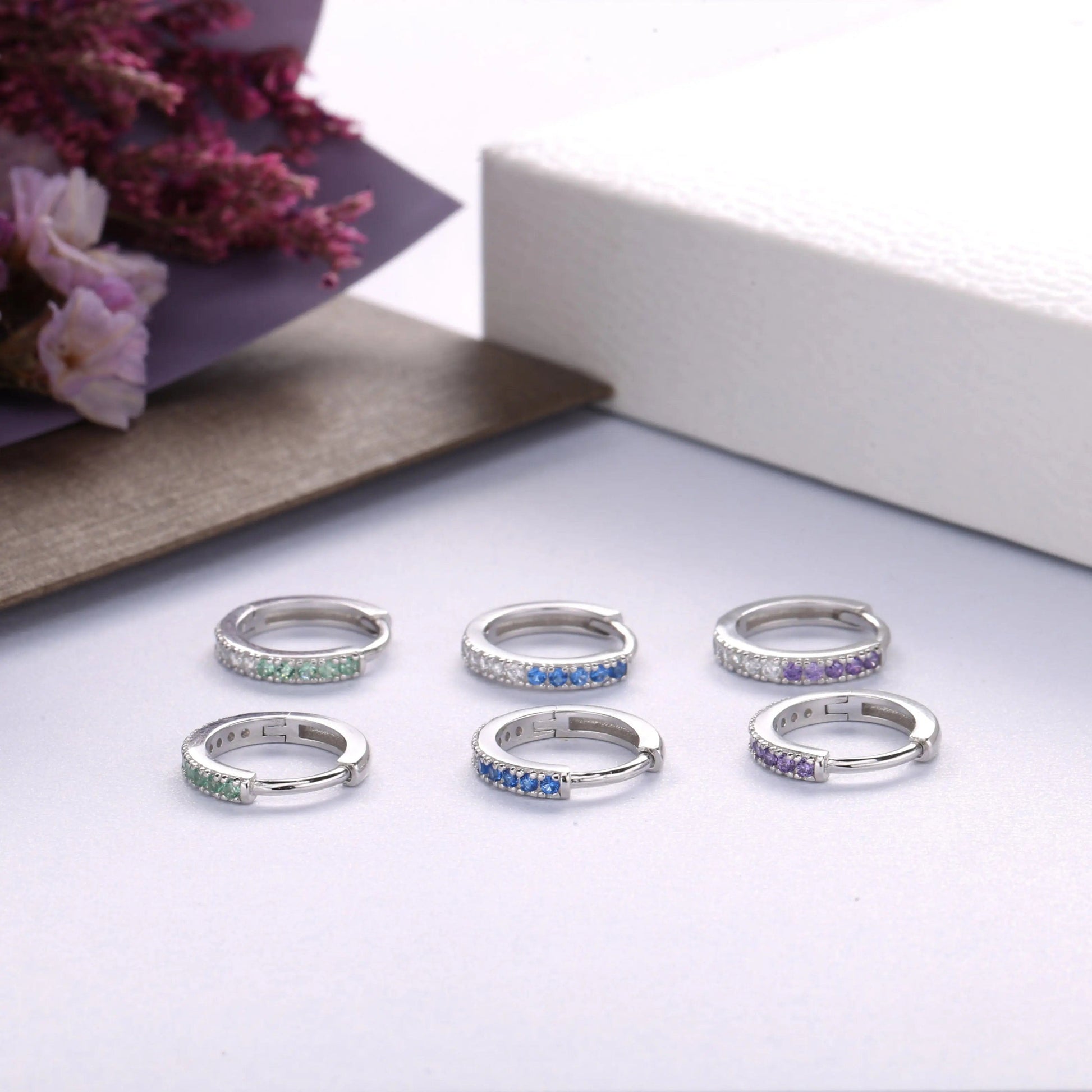 Slovehoony Fashion Half Half Colorful Stone White CZ 925 Silver 18k Gold Plated Women Brinco Huggies Hoop Earrings