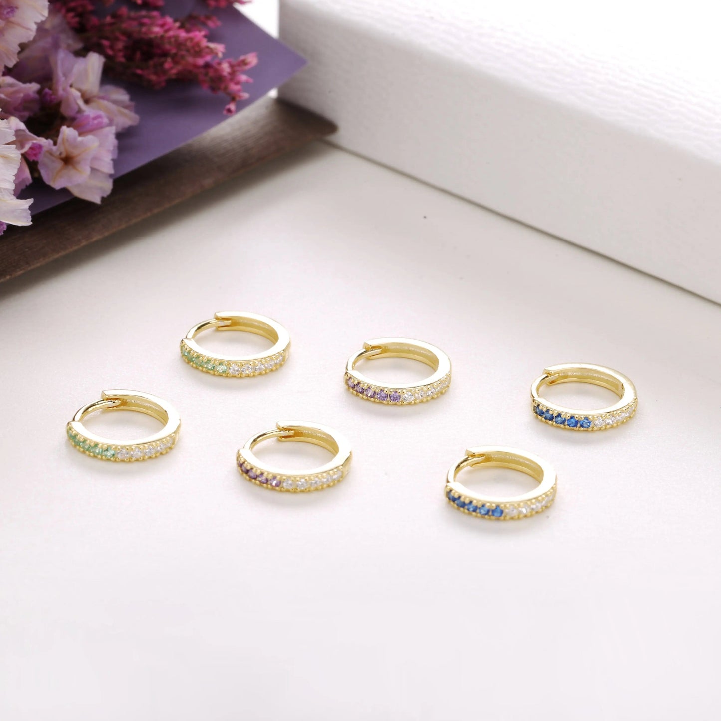 Slovehoony Fashion Half Half Colorful Stone White CZ 925 Silver 18k Gold Plated Women Brinco Huggies Hoop Earrings