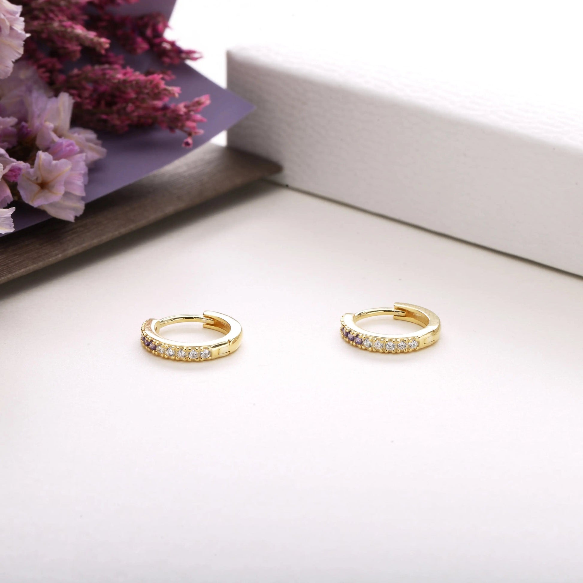 Slovehoony Fashion Half Half Colorful Stone White CZ 925 Silver 18k Gold Plated Women Brinco Huggies Hoop Earrings