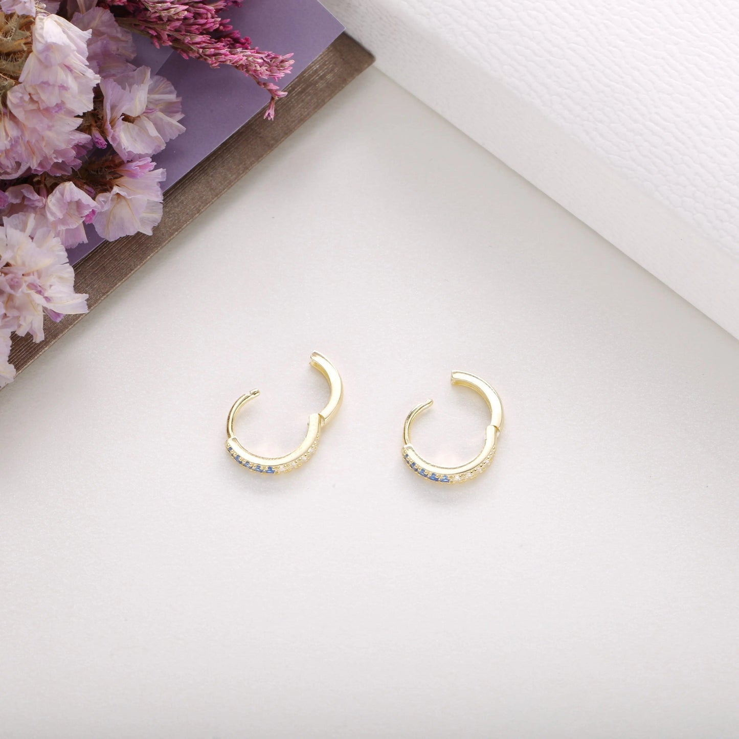 Slovehoony Fashion Half Half Colorful Stone White CZ 925 Silver 18k Gold Plated Women Brinco Huggies Hoop Earrings