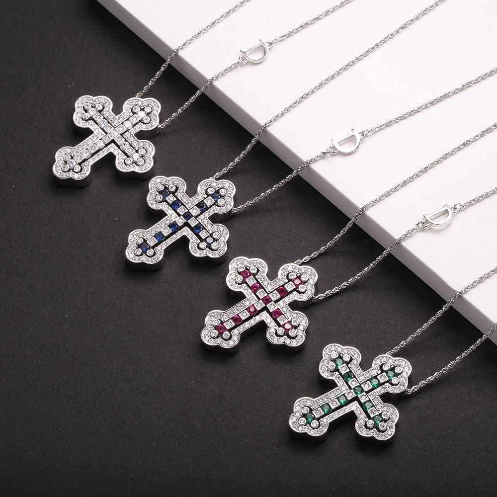 Slovehoony S925 Sterling Silver Big Double Faith Cross Necklace Move Letter D Chain Zircon Kolye Gold 18K Necklace