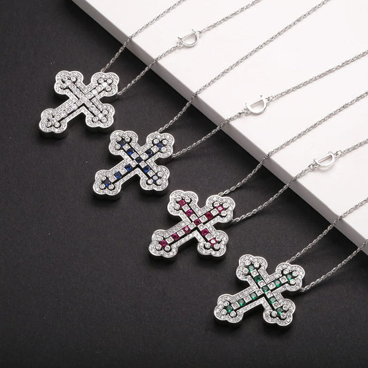 Slovehoony S925 Sterling Silver Big Double Faith Cross Necklace Move Letter D Chain Zircon Kolye Gold 18K Necklace