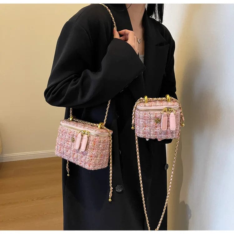 Small 12x7x10cm / 39328 Pink New Woolen Tweed Shoulder Bags for Women Camellia Fashion Chain Crossbody Bags Trend Handbags Phone Bag Top Handle Bucket Totes