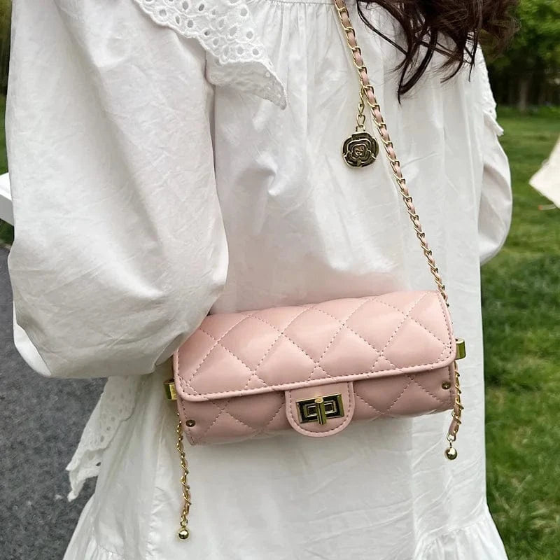 Small Barrel Shaped Shoulder Bag For Women 2023 Diamond Lattice Round Handbag Purse Casual Crossbody Bag Camellia Pu Leather Bag