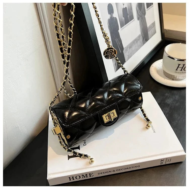 Small Barrel Shaped Shoulder Bag For Women 2023 Diamond Lattice Round Handbag Purse Casual Crossbody Bag Camellia Pu Leather Bag