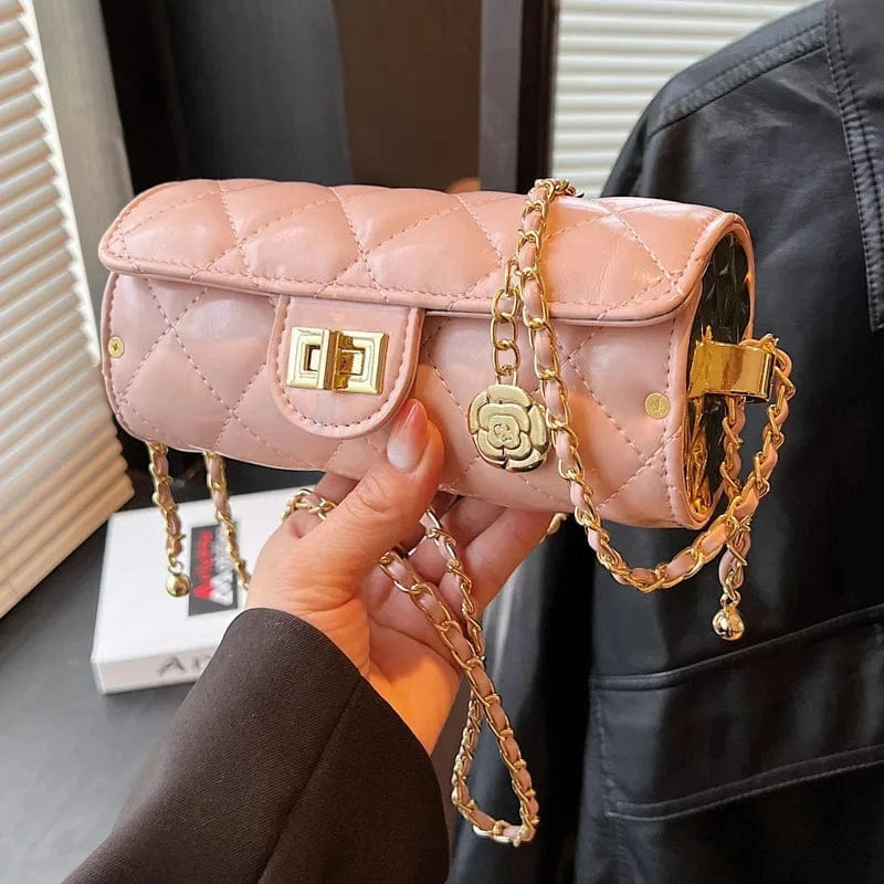 Small Barrel Shaped Shoulder Bag For Women 2023 Diamond Lattice Round Handbag Purse Casual Crossbody Bag Camellia Pu Leather Bag