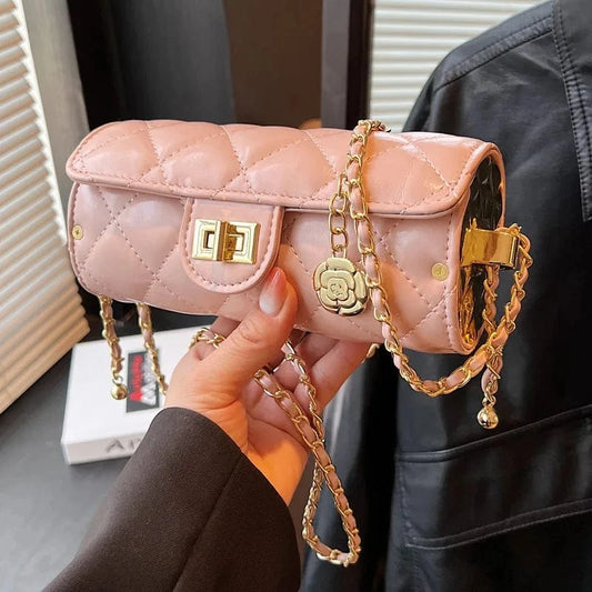 Small Barrel Shaped Shoulder Bag For Women 2023 Diamond Lattice Round Handbag Purse Casual Crossbody Bag Camellia Pu Leather Bag