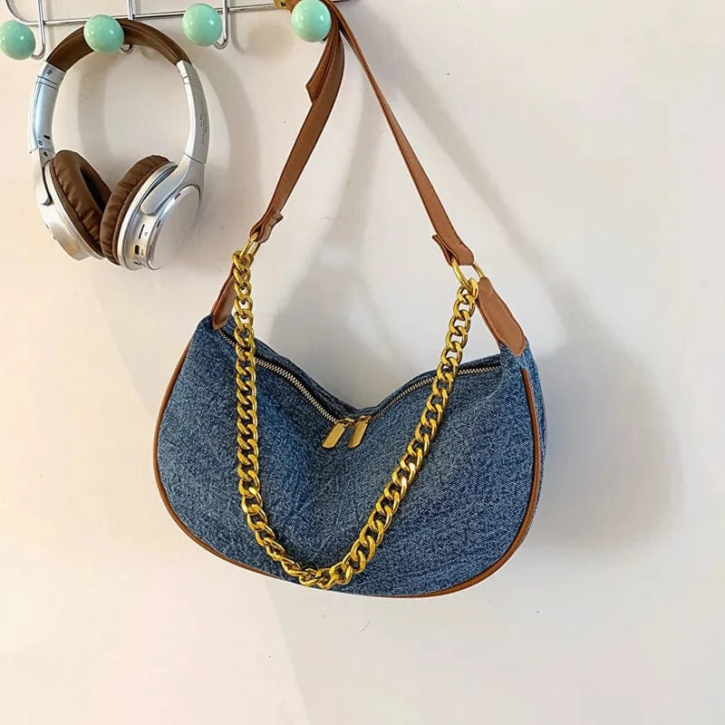 Small Hobos Women Shoulder Bags Denim Leather Underarm Handbags Luxury Crescent Clutches Designed Soft Hobo Purse for Female