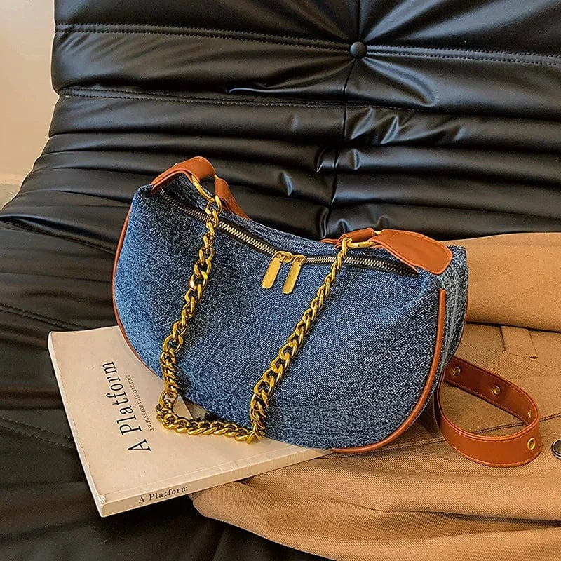 Small Hobos Women Shoulder Bags Denim Leather Underarm Handbags Luxury Crescent Clutches Designed Soft Hobo Purse for Female