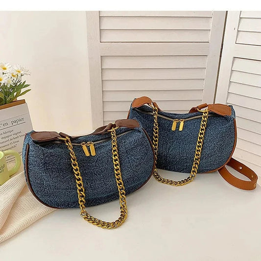 Small Hobos Women Shoulder Bags Denim Leather Underarm Handbags Luxury Crescent Clutches Designed Soft Hobo Purse for Female