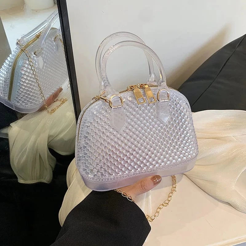 Small PVC Waterproof Black White Jelly Handbag Fashion Shell Shoulder Bag Beading Pattern Crossbody Bags Summer Beach Totes