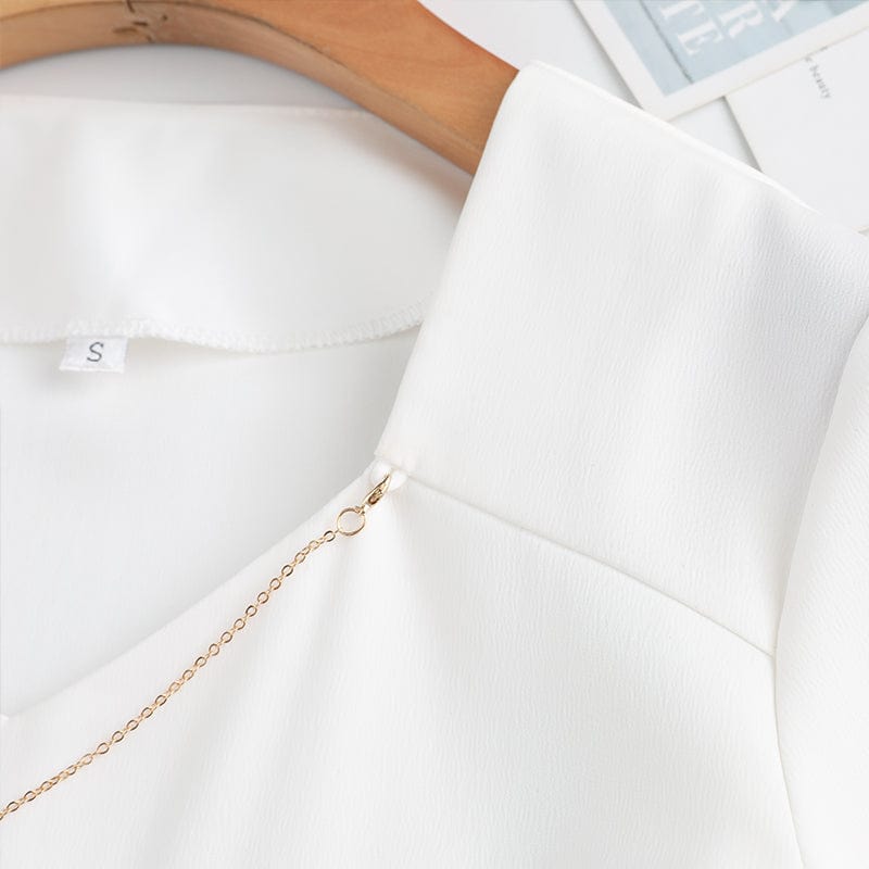 Smooth Fabric V-neck Shirts for Women High-quality Blouse with Chain Work Wear Office Lady Female Tops Chemise Loose style