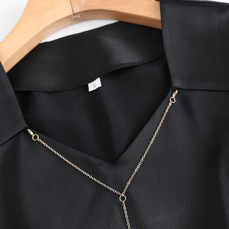 Smooth Fabric V-neck Shirts for Women High-quality Blouse with Chain Work Wear Office Lady Female Tops Chemise Loose style
