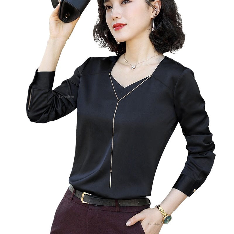 Smooth Fabric V-neck Shirts for Women High-quality Blouse with Chain Work Wear Office Lady Female Tops Chemise Loose style