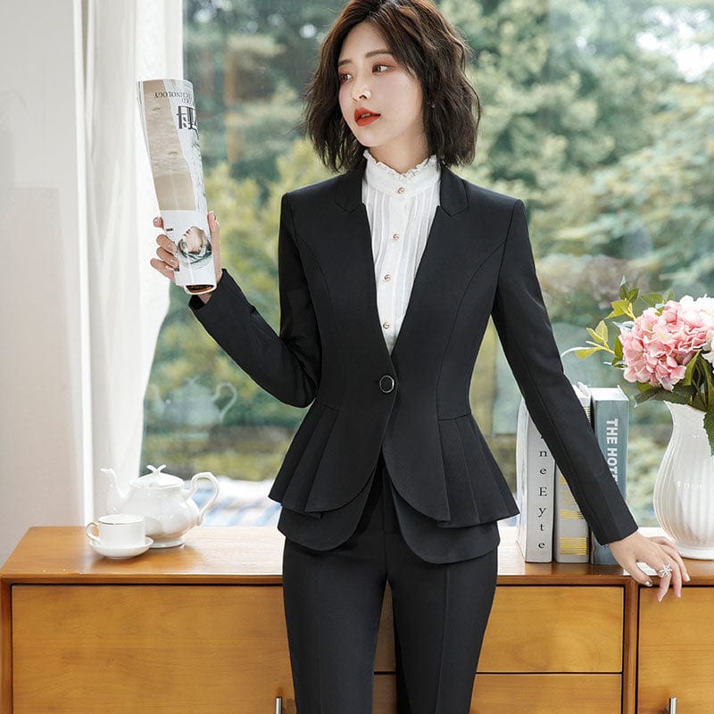 Smooth Ruffles Two-piece Suit Single Button Formal Pant Suit Office Lady Uniform Design Women Jacket and Trouser