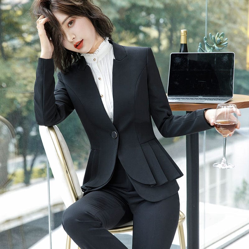 Smooth Ruffles Two-piece Suit Single Button Formal Pant Suit Office Lady Uniform Design Women Jacket and Trouser