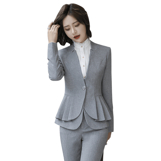 Smooth Ruffles Two-piece Suit Single Button Formal Pant Suit Office Lady Uniform Design Women Jacket and Trouser