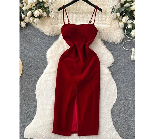 Socialite Women Solid Thin Strap Dress Backless Bra Pads Slit Slip Dress Sexy Lady Party Wear Spaghetti Strap Dress