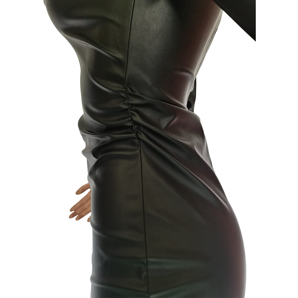 Solid Black Long Sleeve Stacked PU Zipper Chic Wrinkled Mid-length Dress