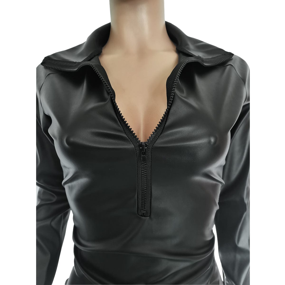Solid Black Long Sleeve Stacked PU Zipper Chic Wrinkled Mid-length Dress