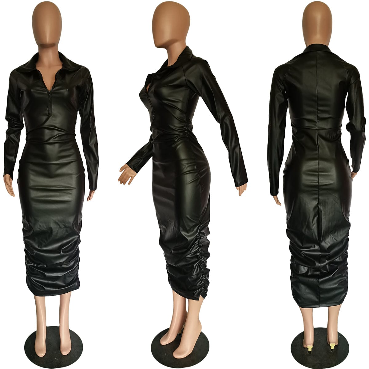 Solid Black Long Sleeve Stacked PU Zipper Chic Wrinkled Mid-length Dress