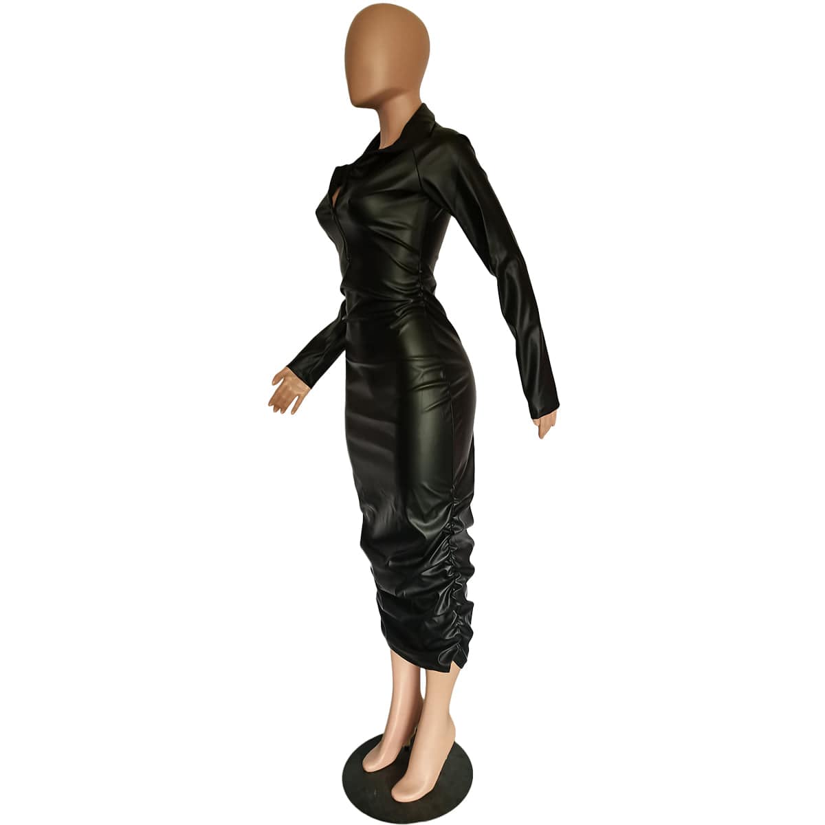 Solid Black Long Sleeve Stacked PU Zipper Chic Wrinkled Mid-length Dress