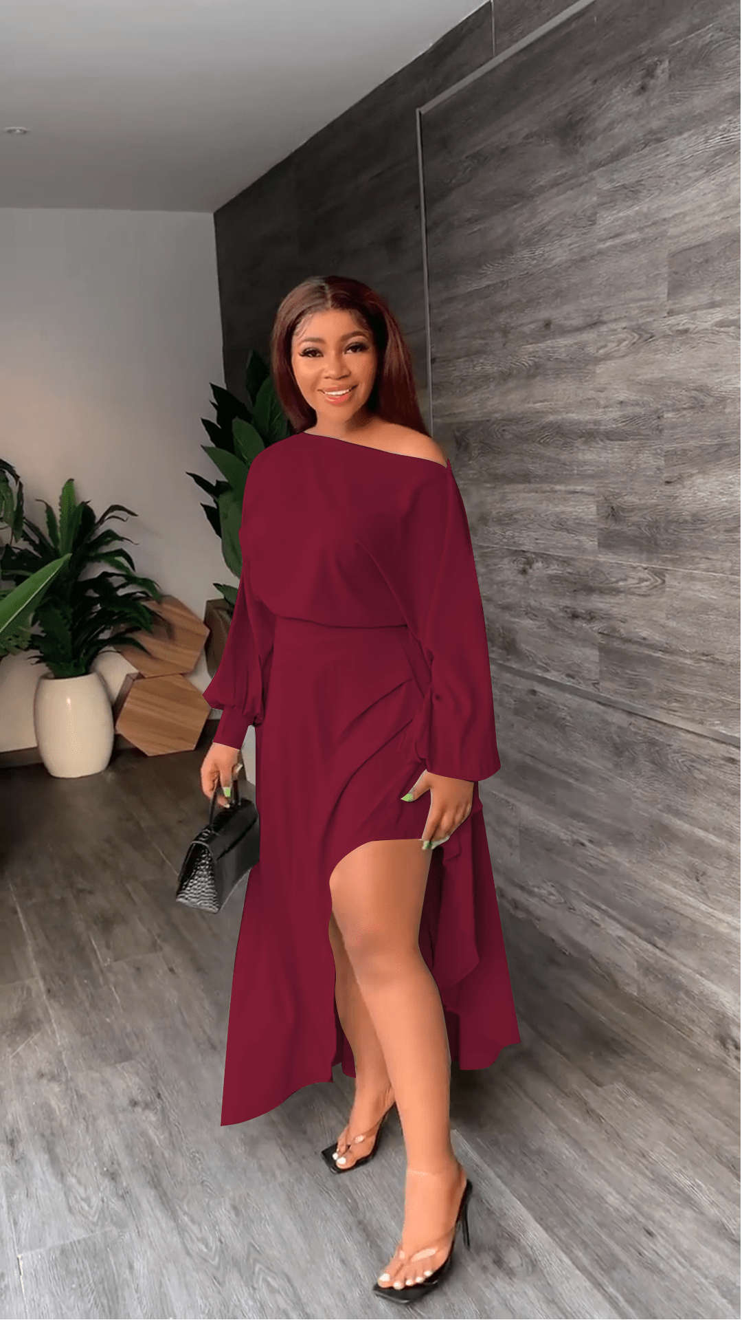 Solid Color Slash Neck Irregular Slit Pleated Dress