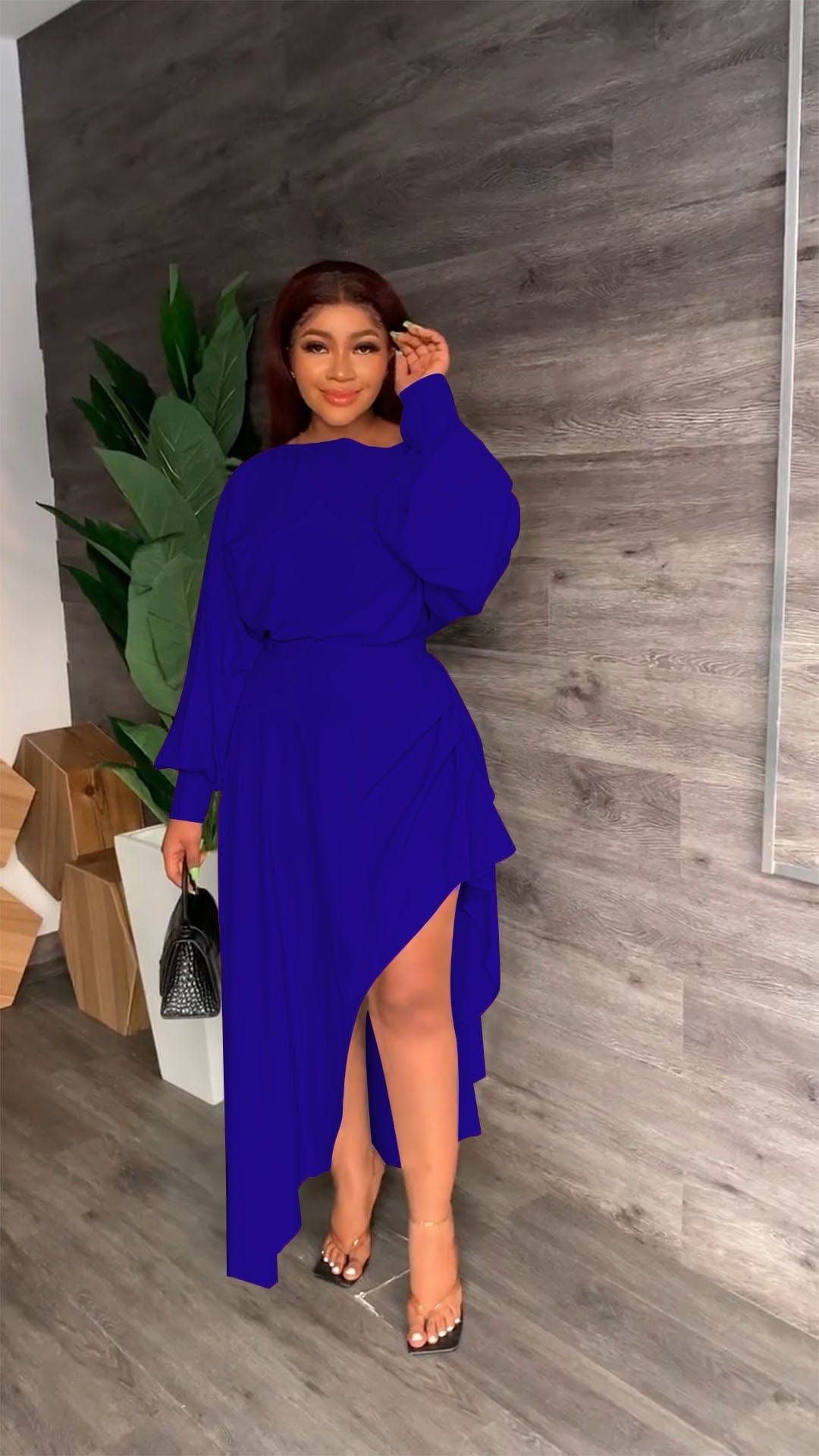 Solid Color Slash Neck Irregular Slit Pleated Dress