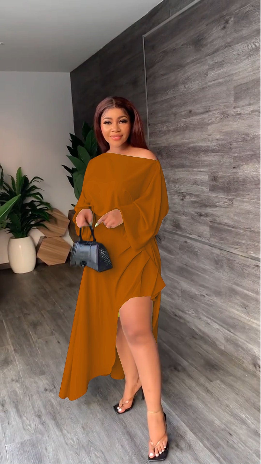 Solid Color Slash Neck Irregular Slit Pleated Dress