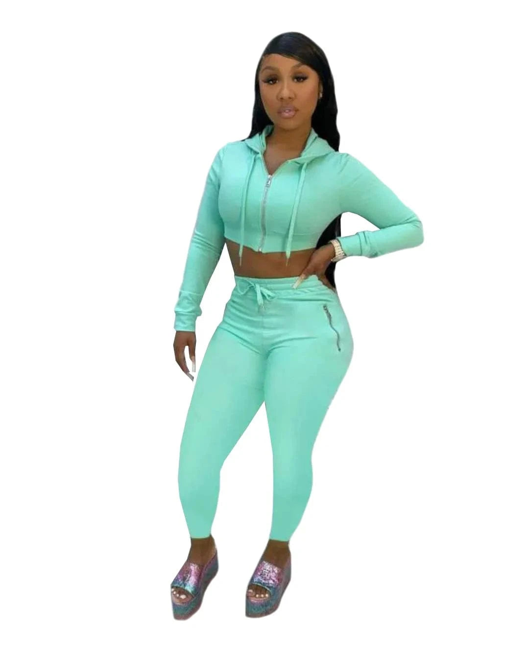 Solid Fall Winter Full Zip Up Crop Tops Hoodies Sweatshirts Outfits 2 Two Pieces Pants Set Women Clothes