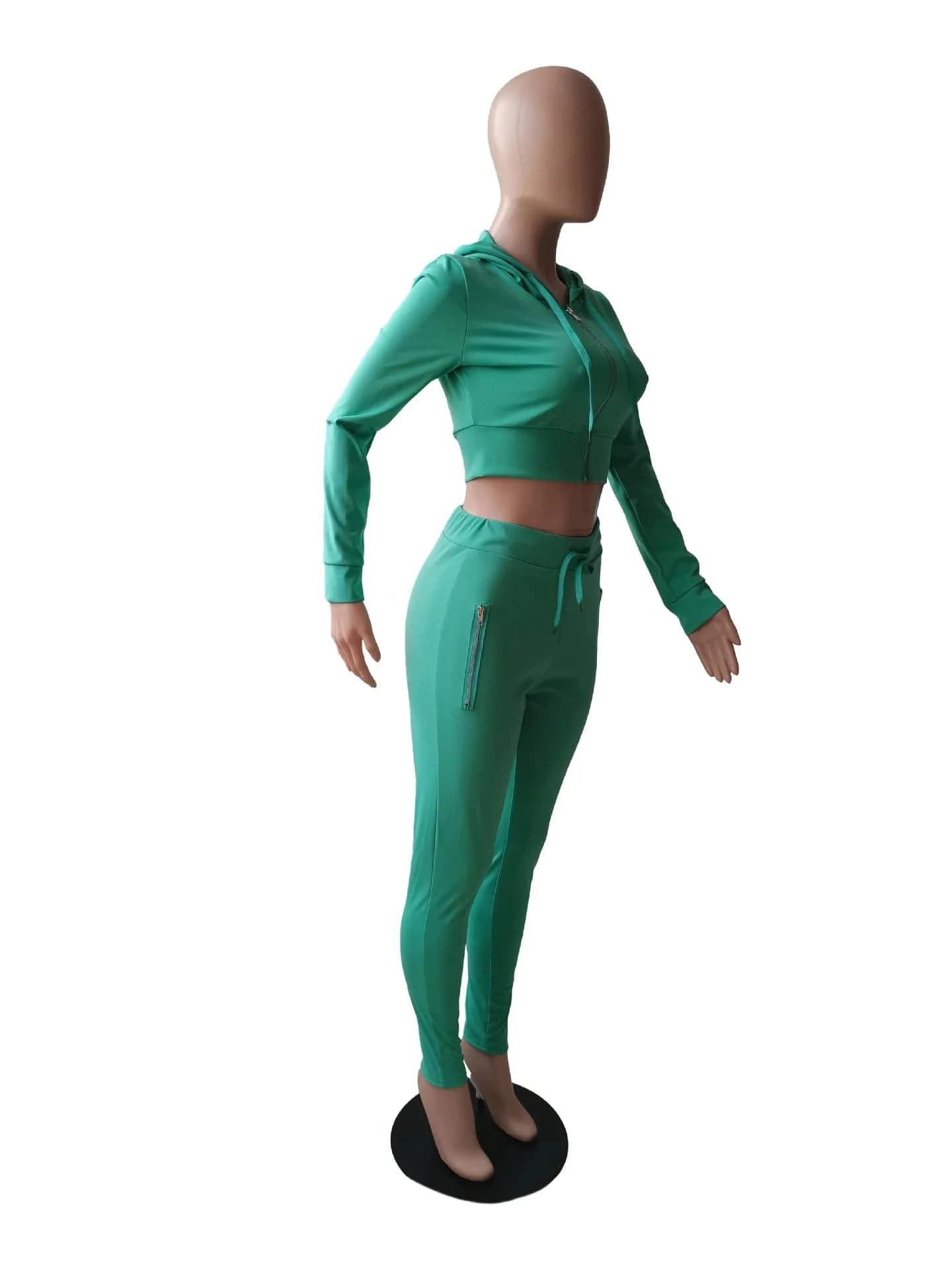 Solid Fall Winter Full Zip Up Crop Tops Hoodies Sweatshirts Outfits 2 Two Pieces Pants Set Women Clothes