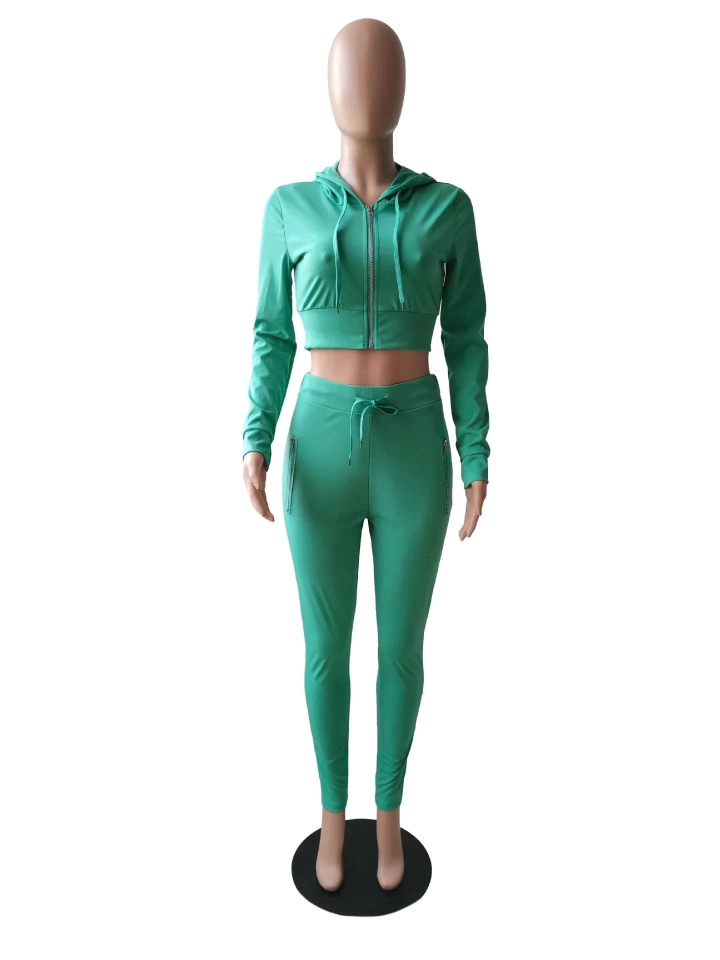 Solid Fall Winter Full Zip Up Crop Tops Hoodies Sweatshirts Outfits 2 Two Pieces Pants Set Women Clothes