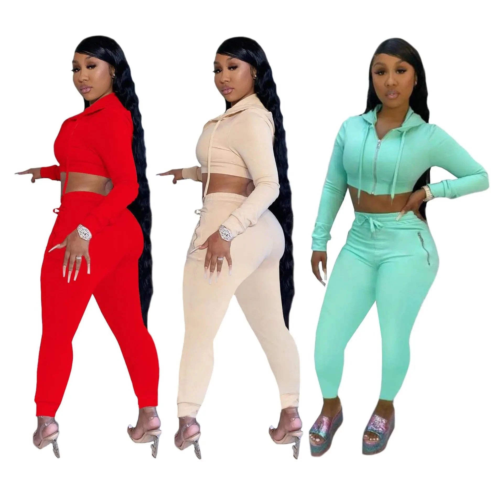 Solid Fall Winter Full Zip Up Crop Tops Hoodies Sweatshirts Outfits 2 Two Pieces Pants Set Women Clothes