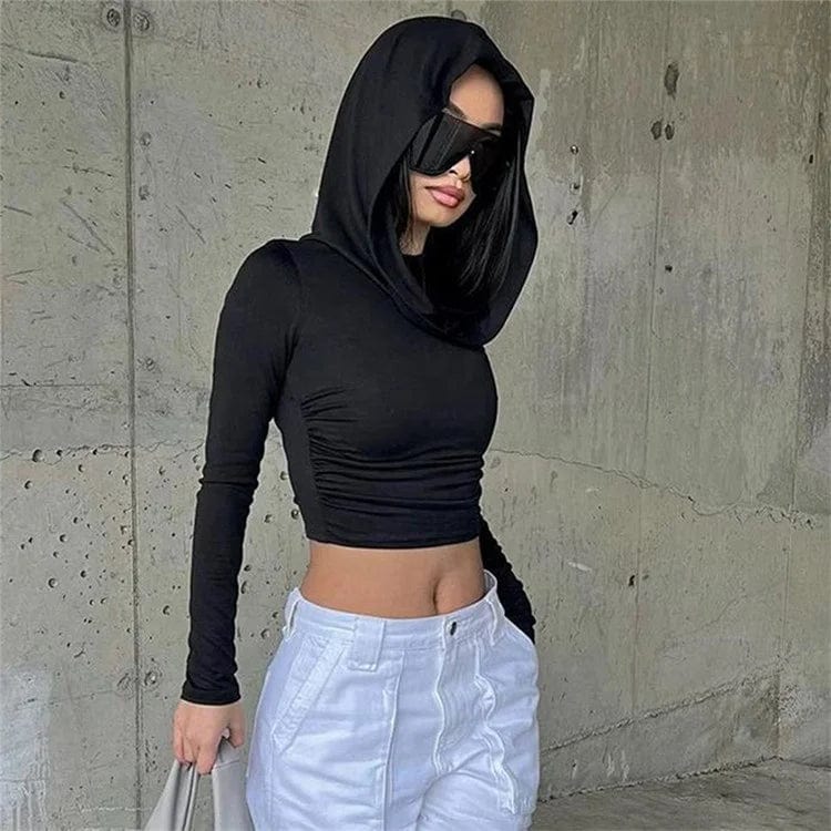Solid Folds Hooded Crop Top Women Grunge y2k Full Sleeve Skinny T Shirts Harajuku Street Style Autumn Tees