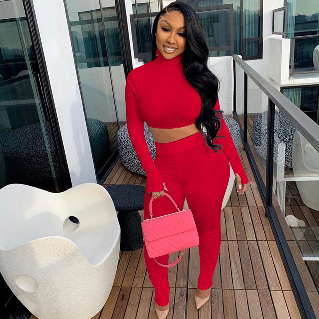 Solid Outfit casual Two Piece Sets Womens wear Long Sleeve Turtleneck Bandage Crop Top and Stacked Pant Set Suits