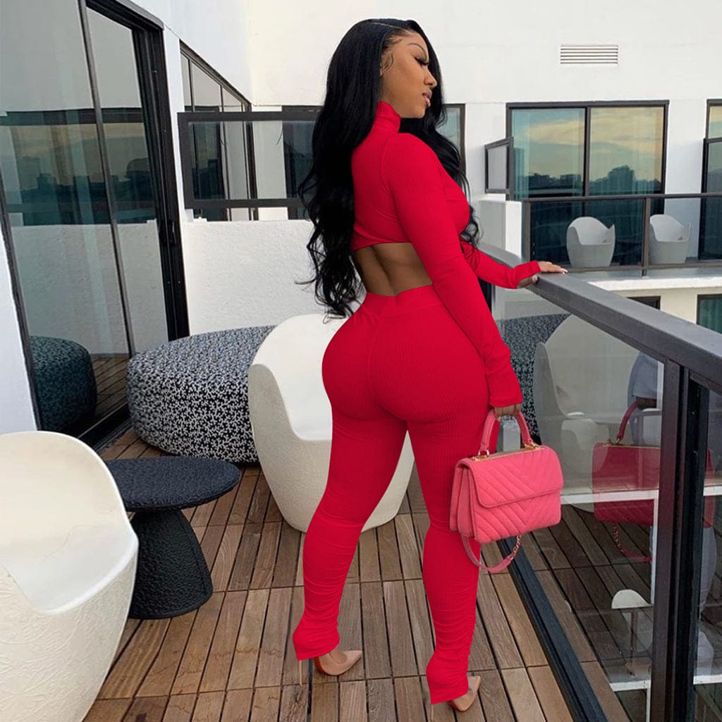 Solid Outfit casual Two Piece Sets Womens wear Long Sleeve Turtleneck Bandage Crop Top and Stacked Pant Set Suits