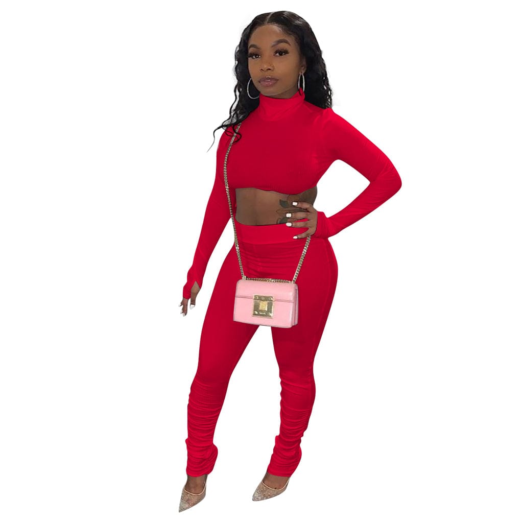 Solid Outfit casual Two Piece Sets Womens wear Long Sleeve Turtleneck Bandage Crop Top and Stacked Pant Set Suits