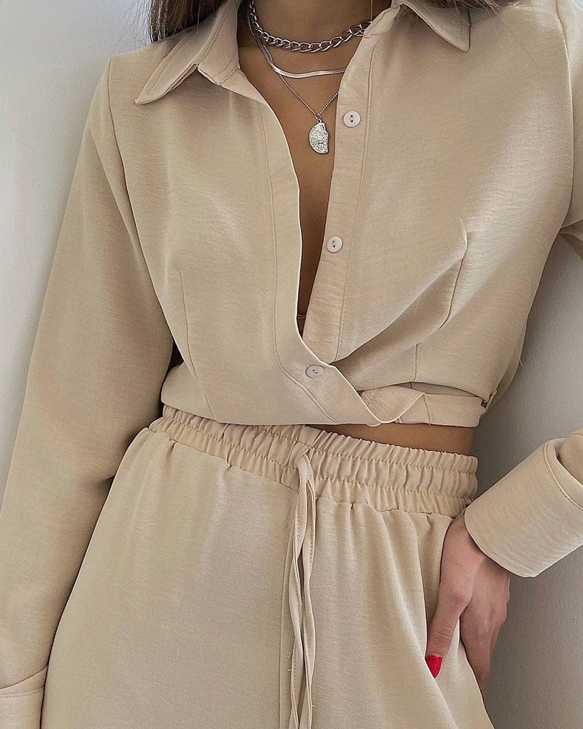 Solid Women's 2 Piece Outfits Button Down Long Sleeve V Neck Strappy Blouse Shirt and Pants Set with Pocket