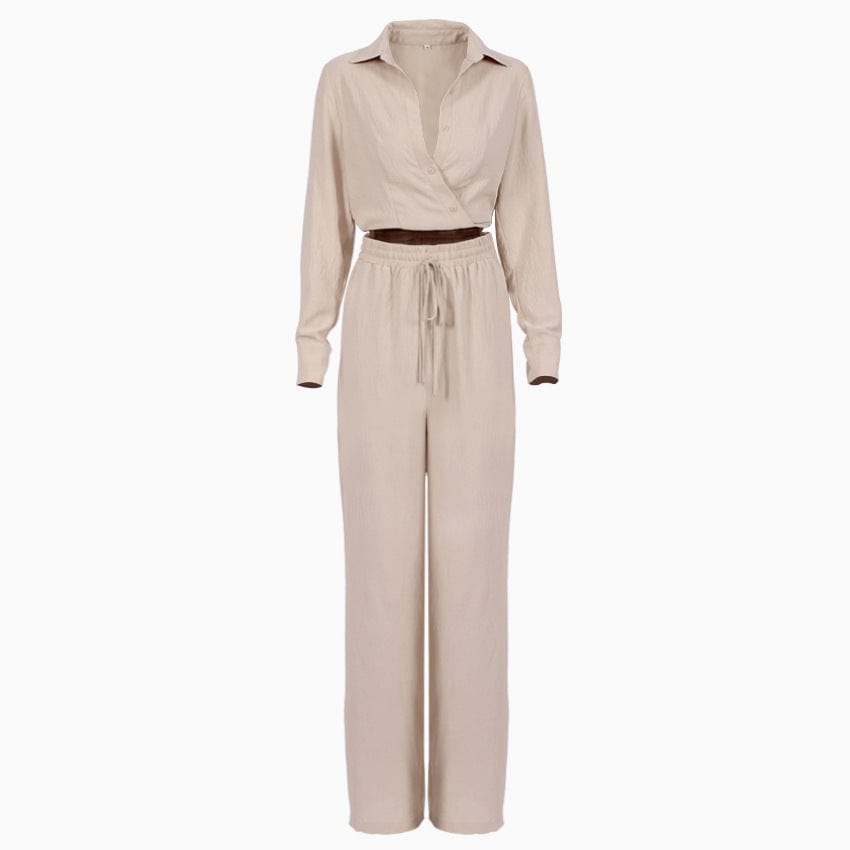 Solid Women's 2 Piece Outfits Button Down Long Sleeve V Neck Strappy Blouse Shirt and Pants Set with Pocket