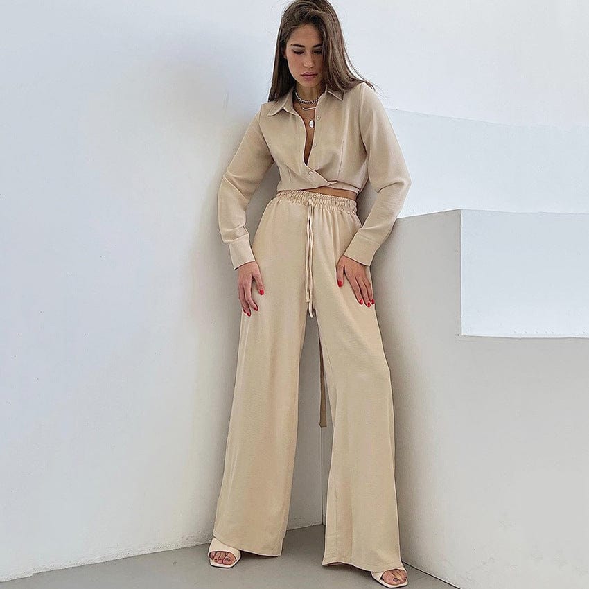 Solid Women's 2 Piece Outfits Button Down Long Sleeve V Neck Strappy Blouse Shirt and Pants Set with Pocket