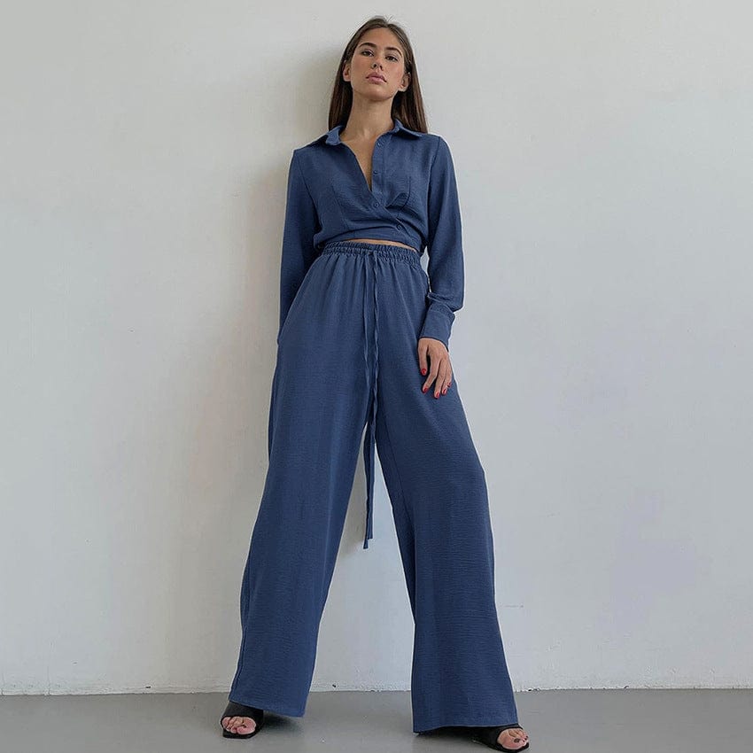 Solid Women's 2 Piece Outfits Button Down Long Sleeve V Neck Strappy Blouse Shirt and Pants Set with Pocket