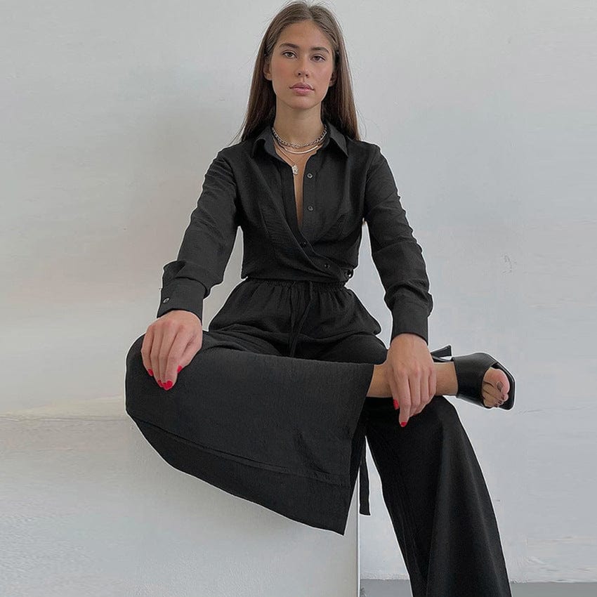 Solid Women's 2 Piece Outfits Button Down Long Sleeve V Neck Strappy Blouse Shirt and Pants Set with Pocket