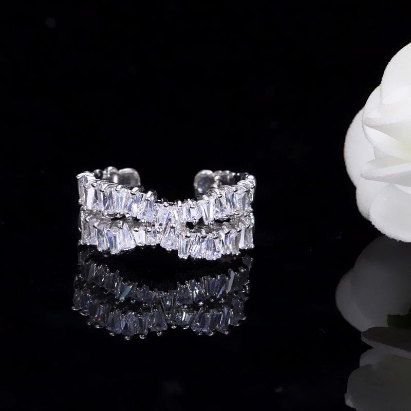 Sparking White Cubic Zircon CZ Silver Plated Copper Luxury Adjustable Open Bridal Engagement Ring for Women Finger Accessories
